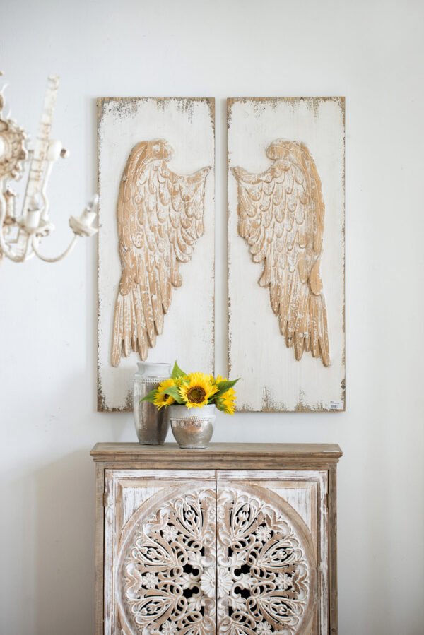 Carved Wood Angel Wings Wall Art – Set of 2