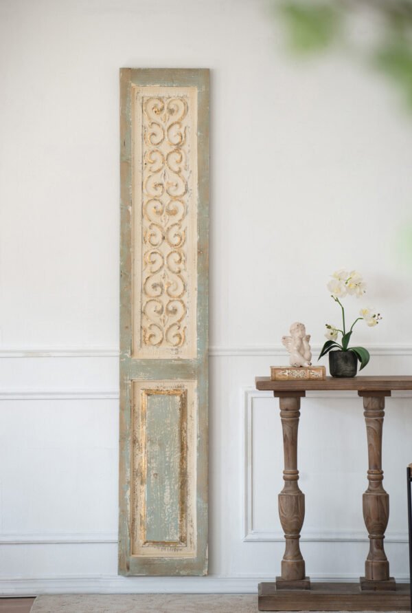 Antique-Style Carved Scroll Wall Panel in Distressed Blue & Cream