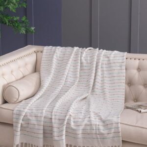 Decorative White Cotton Throw Blanket with Tassels and Multicolored Stripes