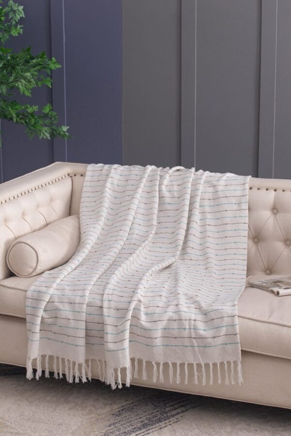 Decorative White Cotton Throw Blanket with Tassels and Multicolored Stripes