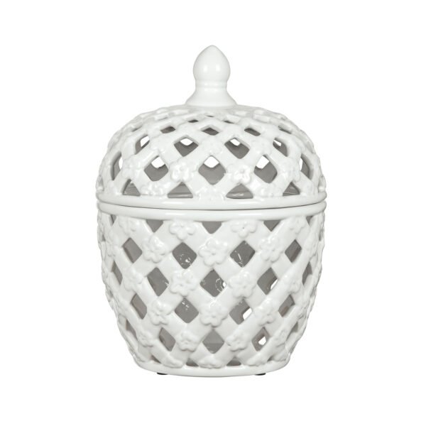 White Lattice Ceramic Jar with Finial Lid – Tall - Image 2