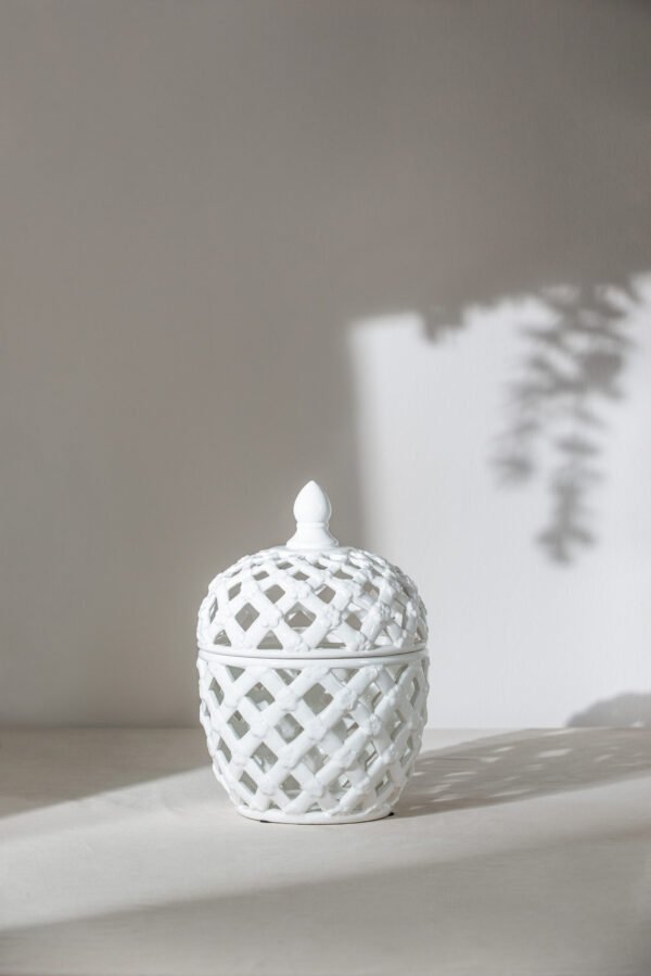 White Lattice Ceramic Jar with Finial Lid – Tall - Image 3