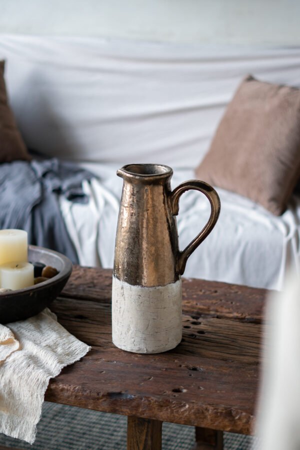 Hammered Bronze & Whitewashed Ceramic Pitcher Vase - Image 3