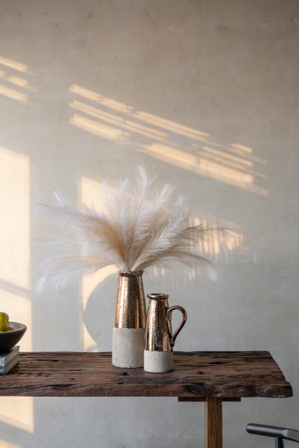 Hammered Bronze & Whitewashed Ceramic Pitcher Vase - Image 4