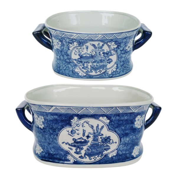 Blue & White Chinoiserie Oval Ceramic Planters - Set of 2 - Image 2