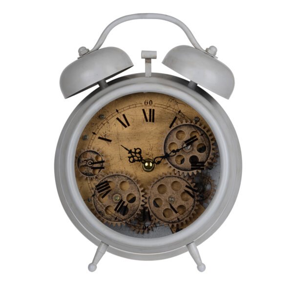 Antique White Metal Table Clock with Exposed Gear Dial - Image 2