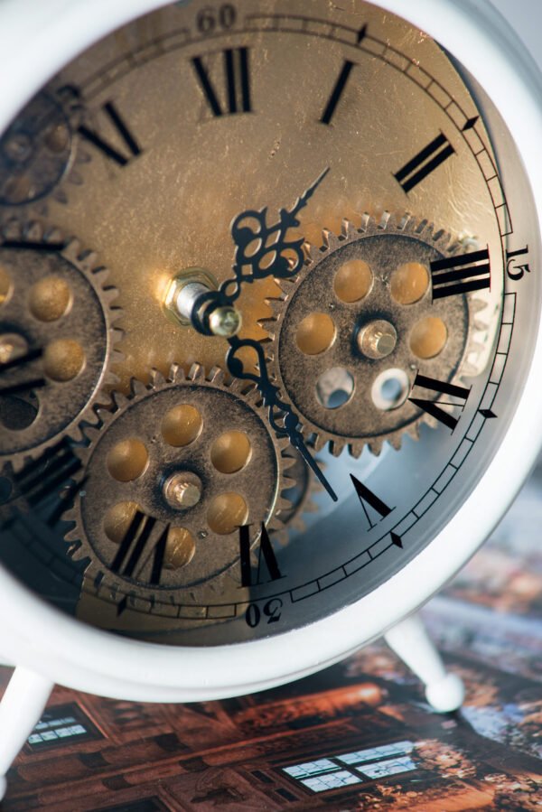 Antique White Metal Table Clock with Exposed Gear Dial - Image 3