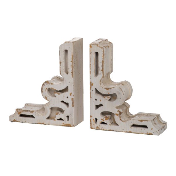 Antiqued White Carved Wood Bookends – Set of 2 - Image 2