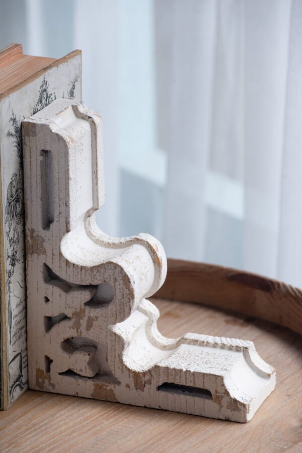 Antiqued White Carved Wood Bookends – Set of 2 - Image 3