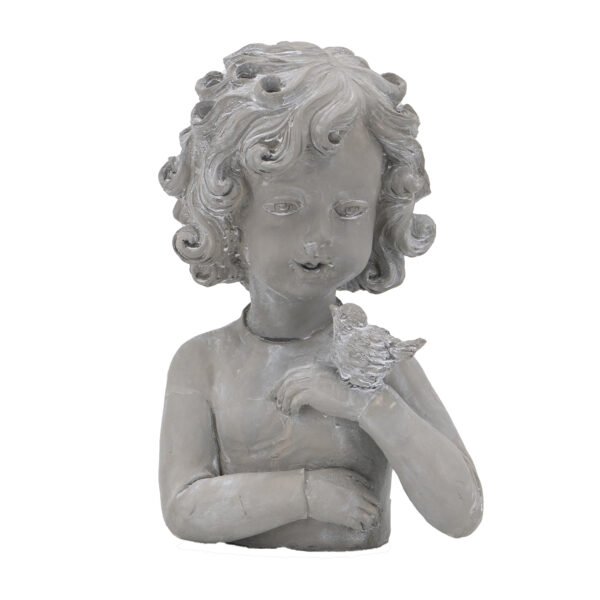 Charming Cherub Planter with Bird Accent – Grey Stone Finish - Image 2