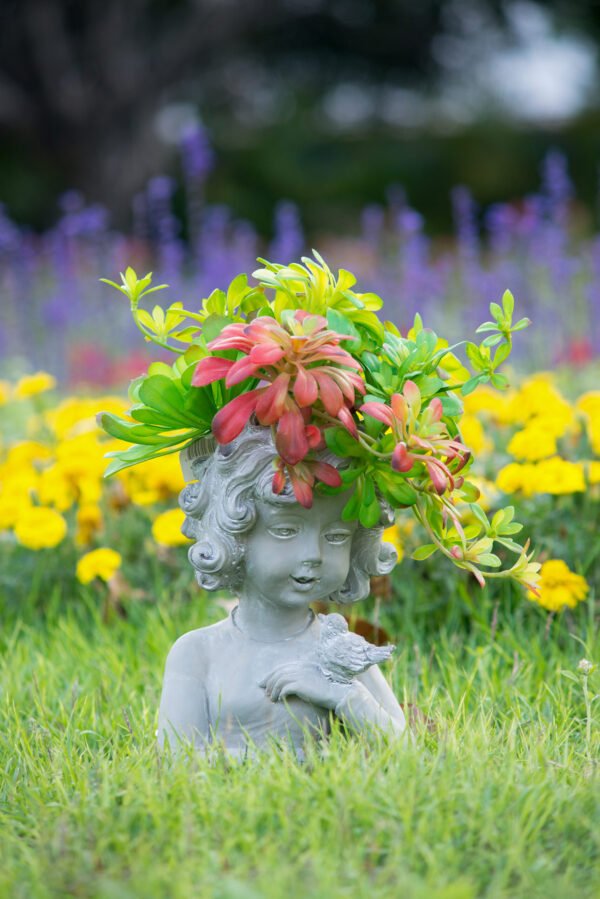 Charming Cherub Planter with Bird Accent – Grey Stone Finish - Image 3