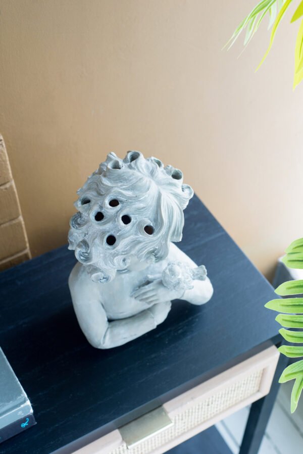 Charming Cherub Planter with Bird Accent – Grey Stone Finish - Image 4