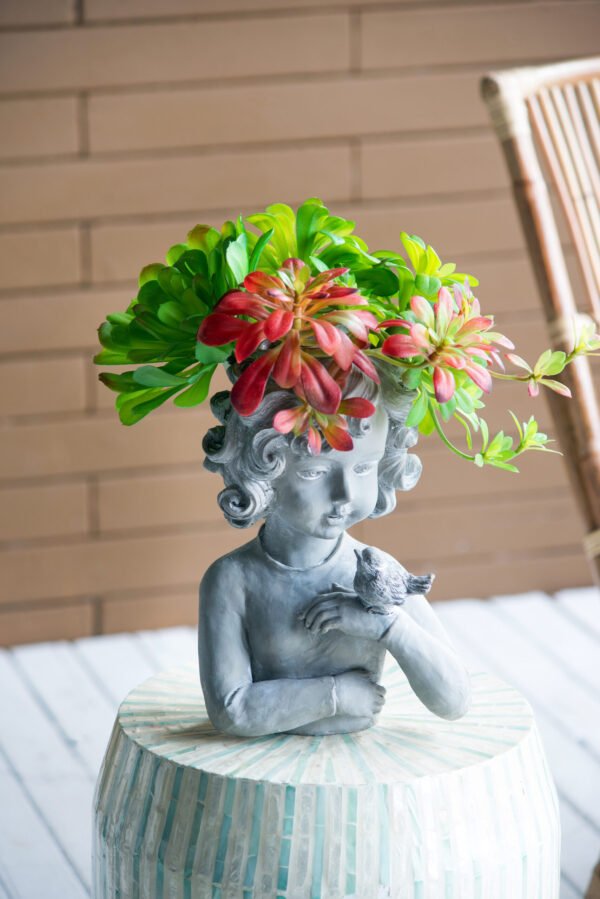 Charming Cherub Planter with Bird Accent – Grey Stone Finish - Image 5