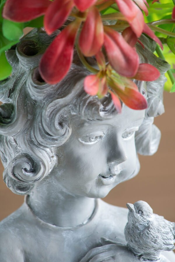 Charming Cherub Planter with Bird Accent – Grey Stone Finish - Image 6
