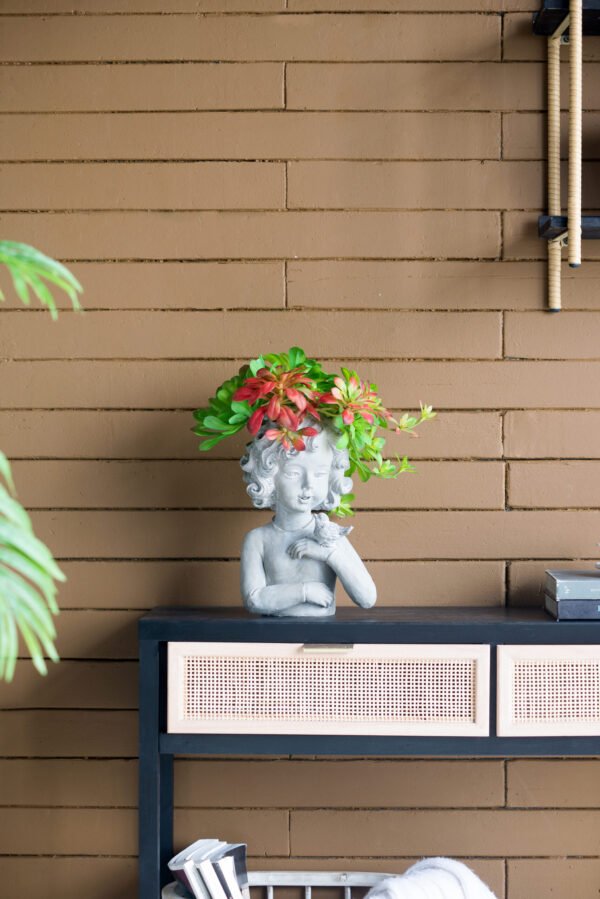 Charming Cherub Planter with Bird Accent – Grey Stone Finish - Image 7