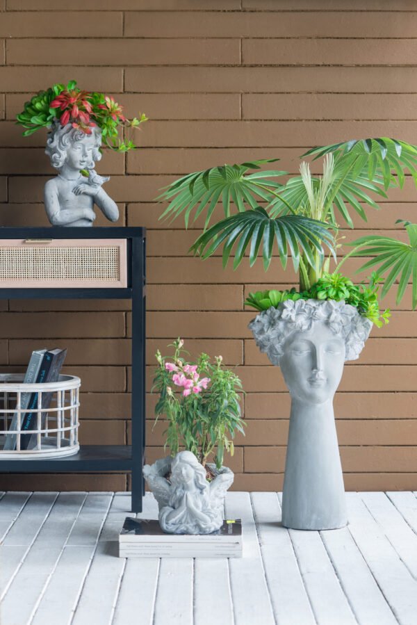 Charming Cherub Planter with Bird Accent – Grey Stone Finish - Image 8