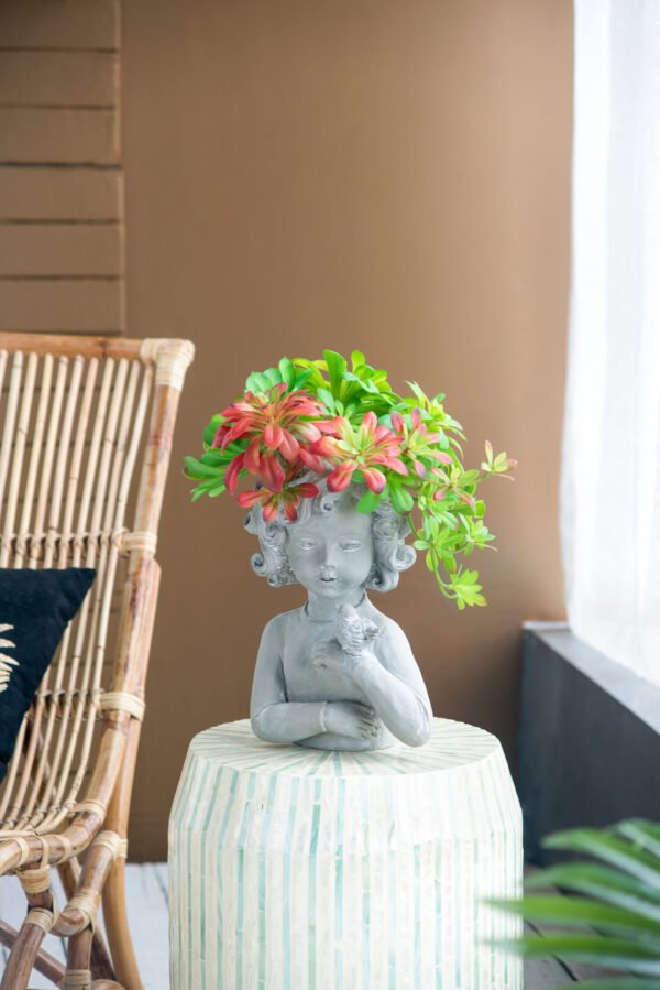 Charming Cherub Planter with Bird Accent – Grey Stone Finish - Image 9