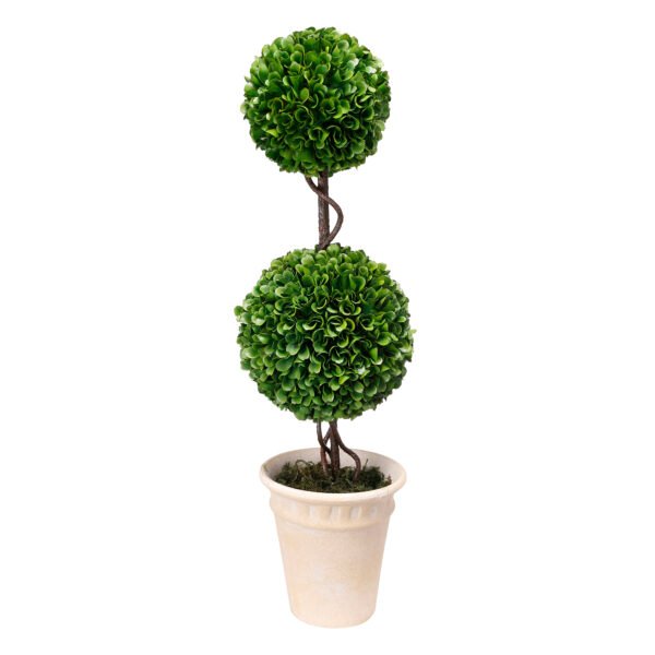 Double Ball Faux Topiary with Twisted Stem in Aged Ivory Pot - Image 2