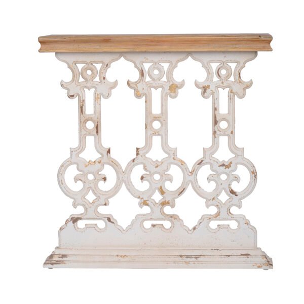 Antique White Scrollwork Console Table with Natural Wood Top - Image 2