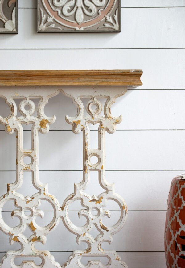 Antique White Scrollwork Console Table with Natural Wood Top - Image 3