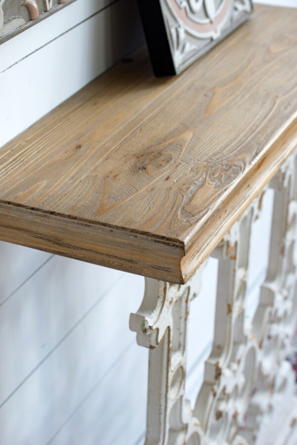 Antique White Scrollwork Console Table with Natural Wood Top - Image 4