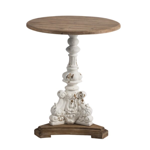 Distressed White Scroll Pedestal Table with Natural Wood Top - Image 2