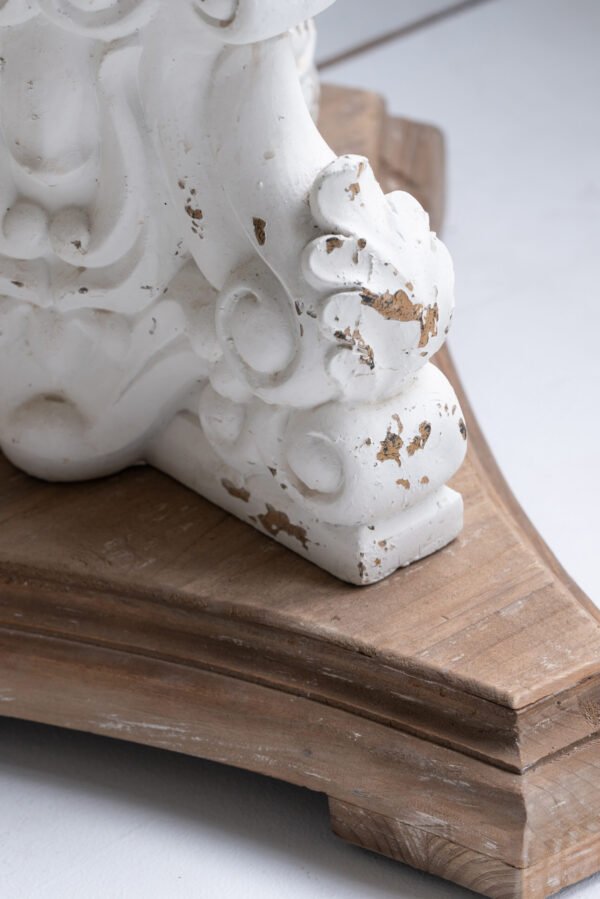 Distressed White Scroll Pedestal Table with Natural Wood Top - Image 3