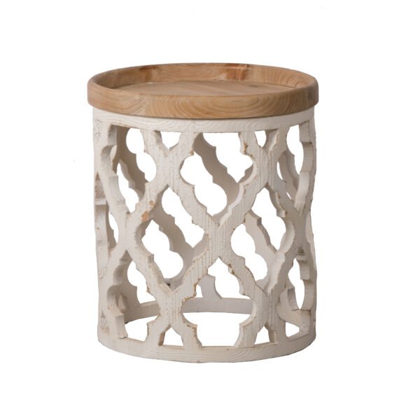White Carved Accent Table with Wood Top - Image 2