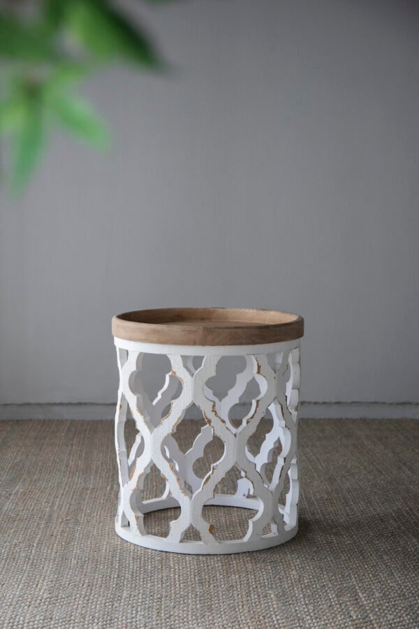 White Carved Accent Table with Wood Top - Image 3