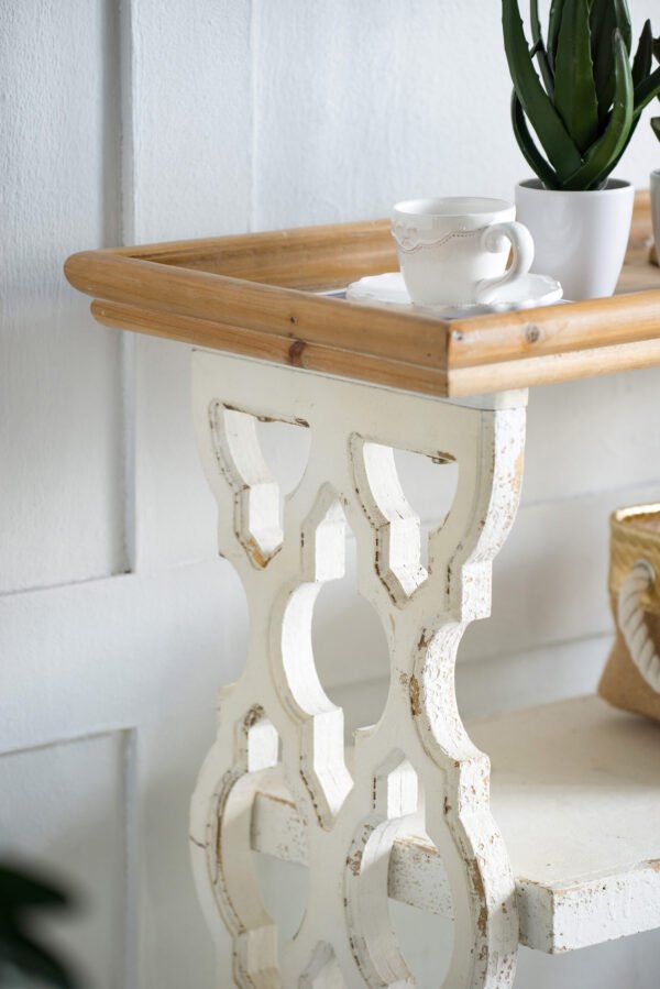 Distressed White Lattice Side Table with Natural Wood Top - Image 2