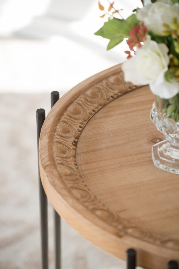 Carved Wood & Iron Accent Table with Ornamental Rim - Image 3