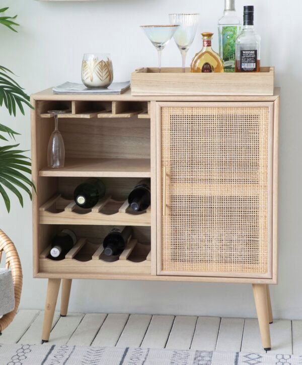 Mid-Century Natural Oak Wine Cabinet with Cane Door - Image 3