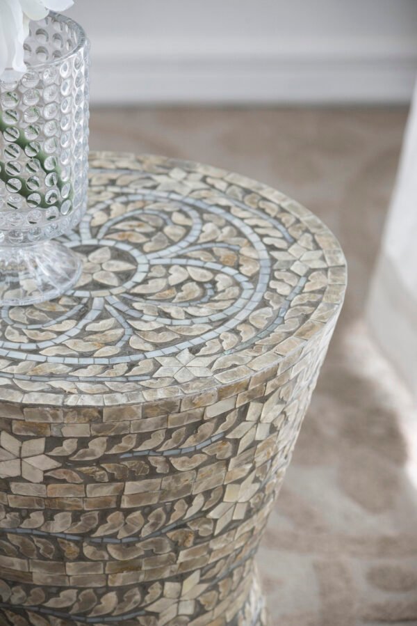 Mosaic Mother-of-Pearl Drum Side Table - Image 3