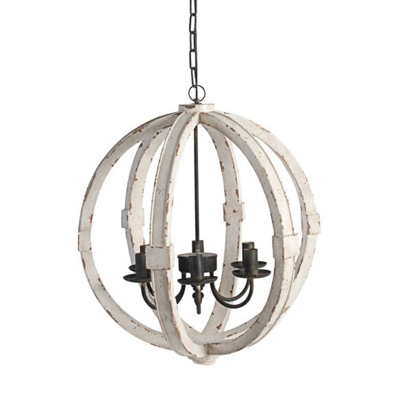Distressed White Globe Chandelier with Iron Candelabra - Image 2