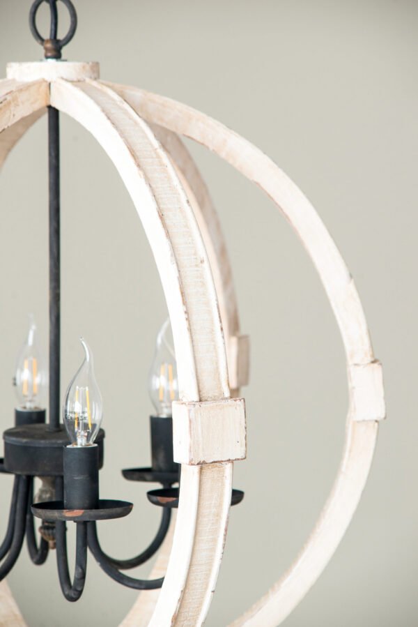 Distressed White Globe Chandelier with Iron Candelabra - Image 3