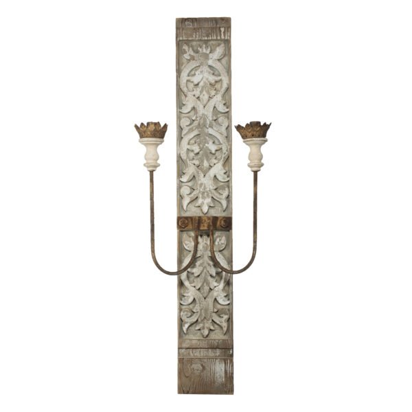 Carved Wood Wall Sconce with Dual Iron Arms - Image 2