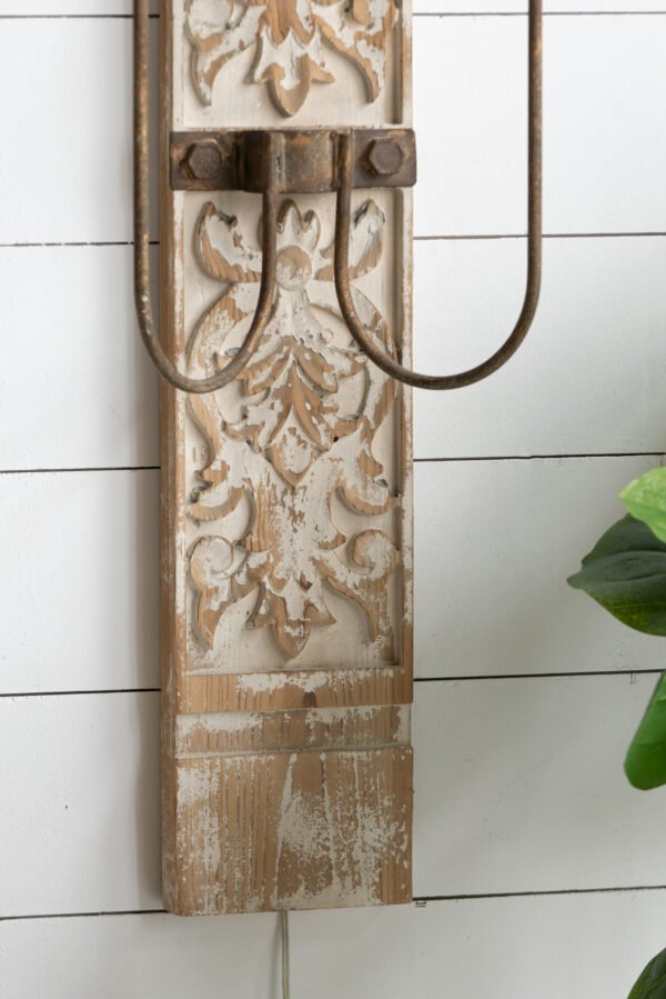 Carved Wood Wall Sconce with Dual Iron Arms - Image 3