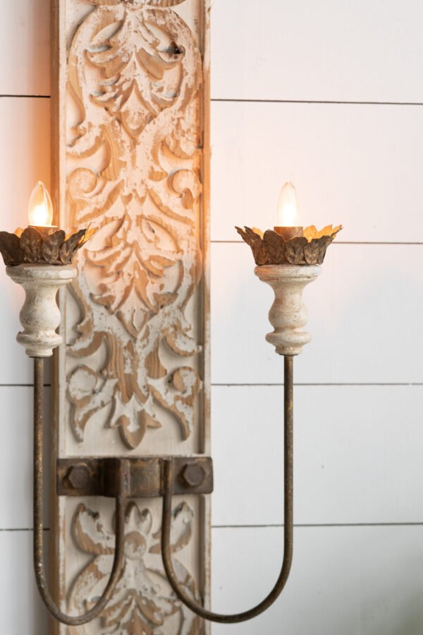 Carved Wood Wall Sconce with Dual Iron Arms - Image 4