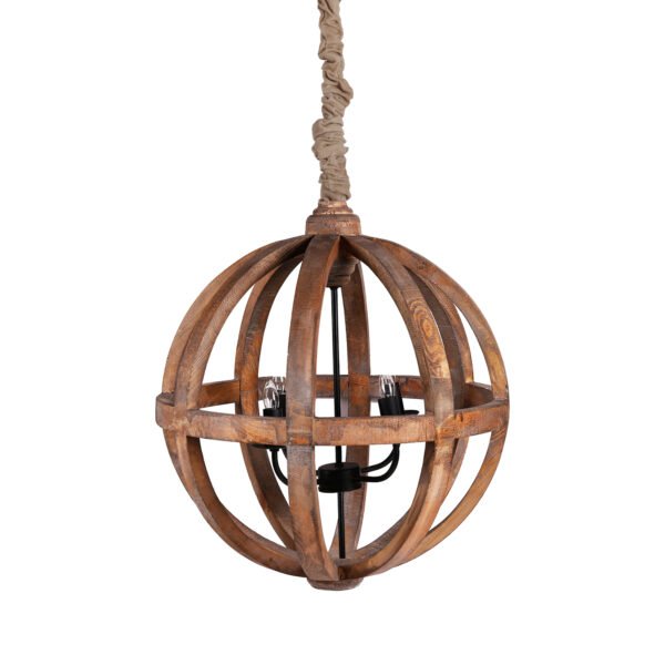 Rustic Wood Globe Pendant with Iron Candelabra - Image 2