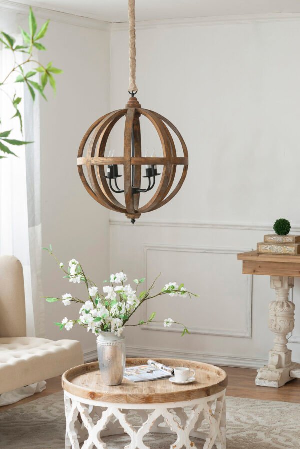 Rustic Wood Globe Pendant with Iron Candelabra - Image 3