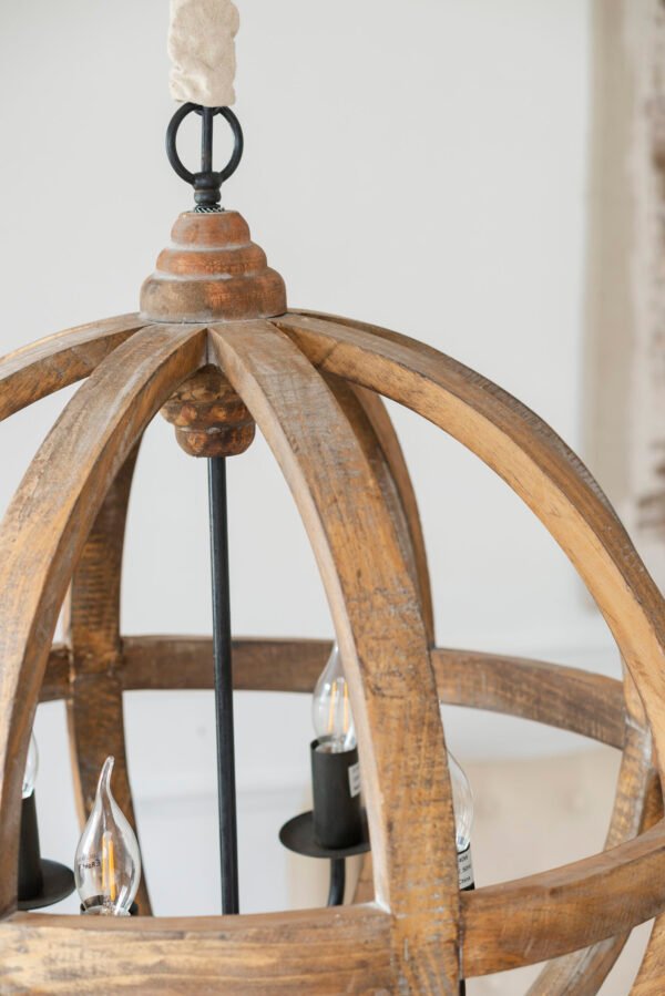 Rustic Wood Globe Pendant with Iron Candelabra - Image 4