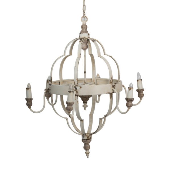 Cathedral Cage Chandelier in Distressed Cream with Wooden Accents - Image 2