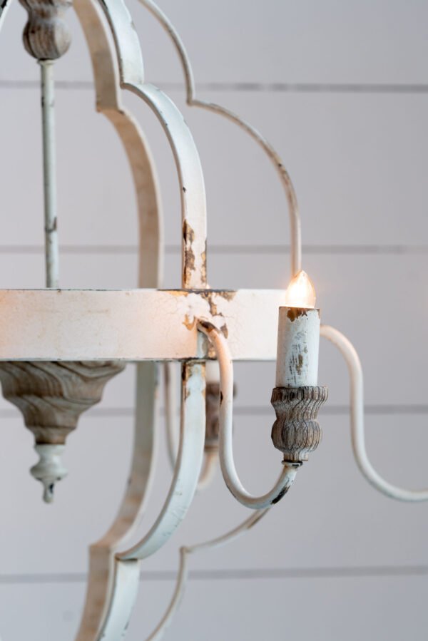 Cathedral Cage Chandelier in Distressed Cream with Wooden Accents - Image 3