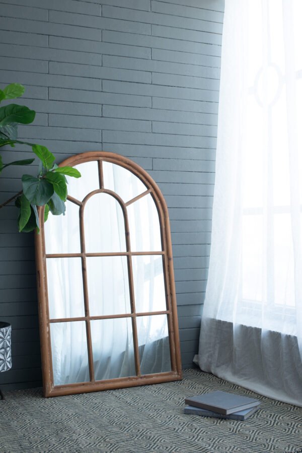 Arched Farmhouse Windowpane Mirror in Natural Wood - Image 3