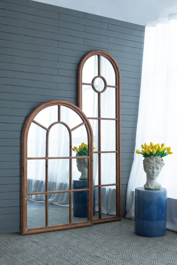 Arched Farmhouse Windowpane Mirror in Natural Wood - Image 4