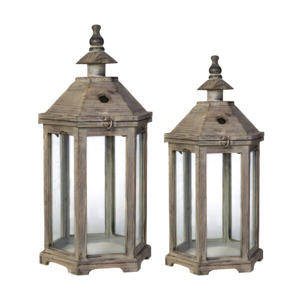 Hexagonal Rustic Wood Lantern Set with Turned Finials (2-Piece) - Image 2