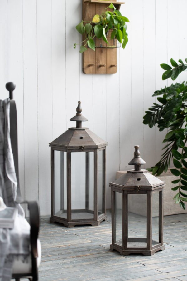 Hexagonal Rustic Wood Lantern Set with Turned Finials (2-Piece) - Image 3