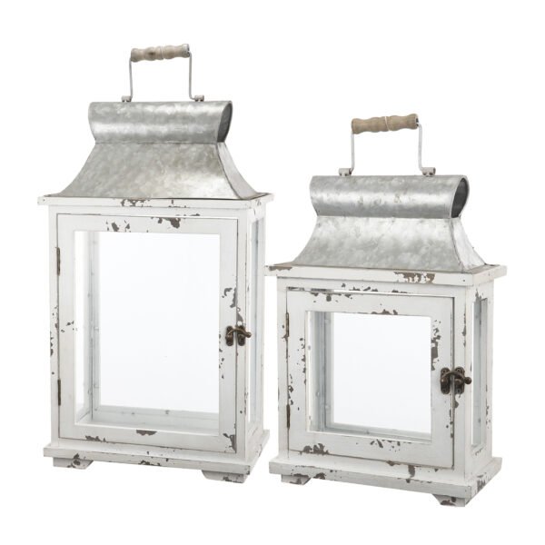 Vintage White Wood & Galvanized Metal Lantern Set (2-Piece) - Image 2