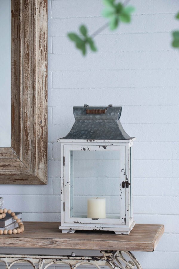 Vintage White Wood & Galvanized Metal Lantern Set (2-Piece) - Image 3