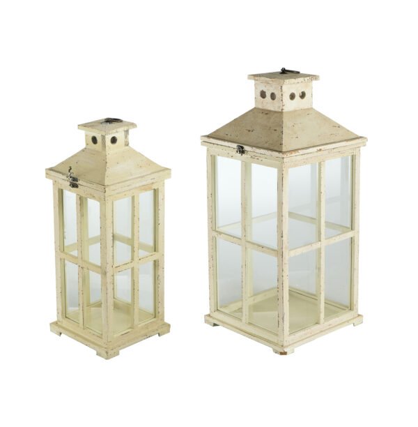 Distressed Cream Wooden Lantern Set with Grid Panes (2-Piece) - Image 2